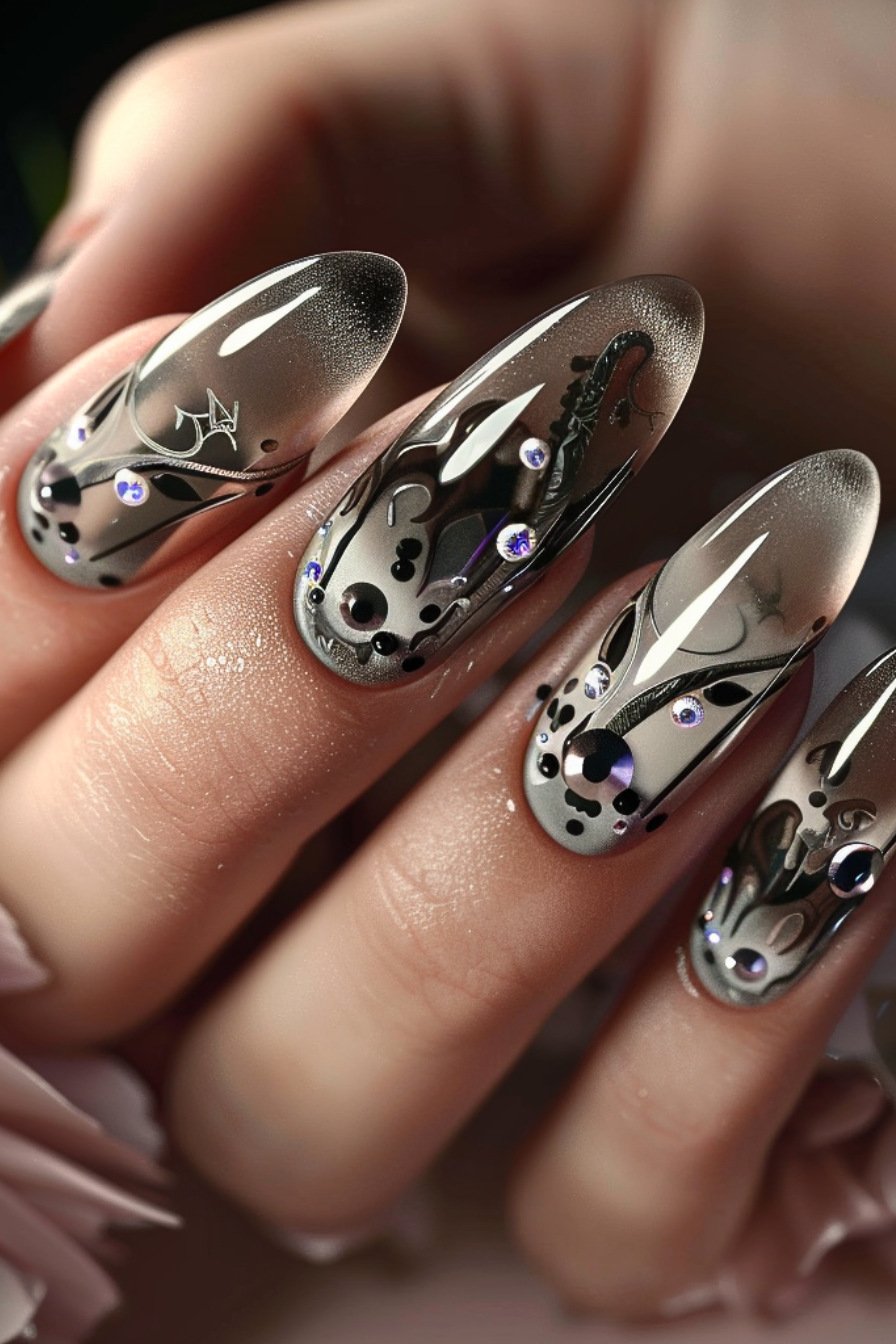 Almond Nail With 3D Nail Art Design 3 (Black)