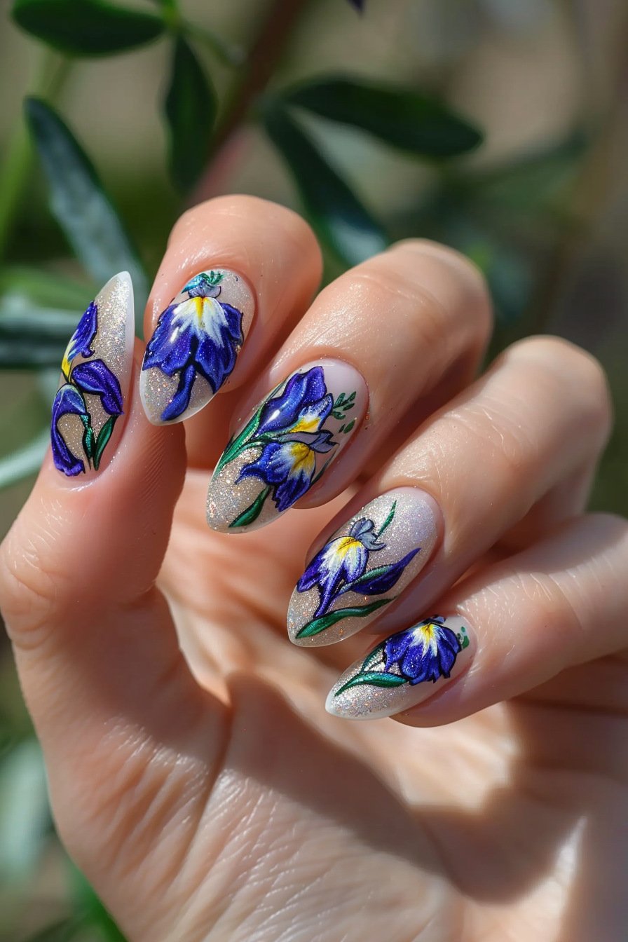 Blue Flower Almond Nail Design 1 (Blue Iris Flower)
