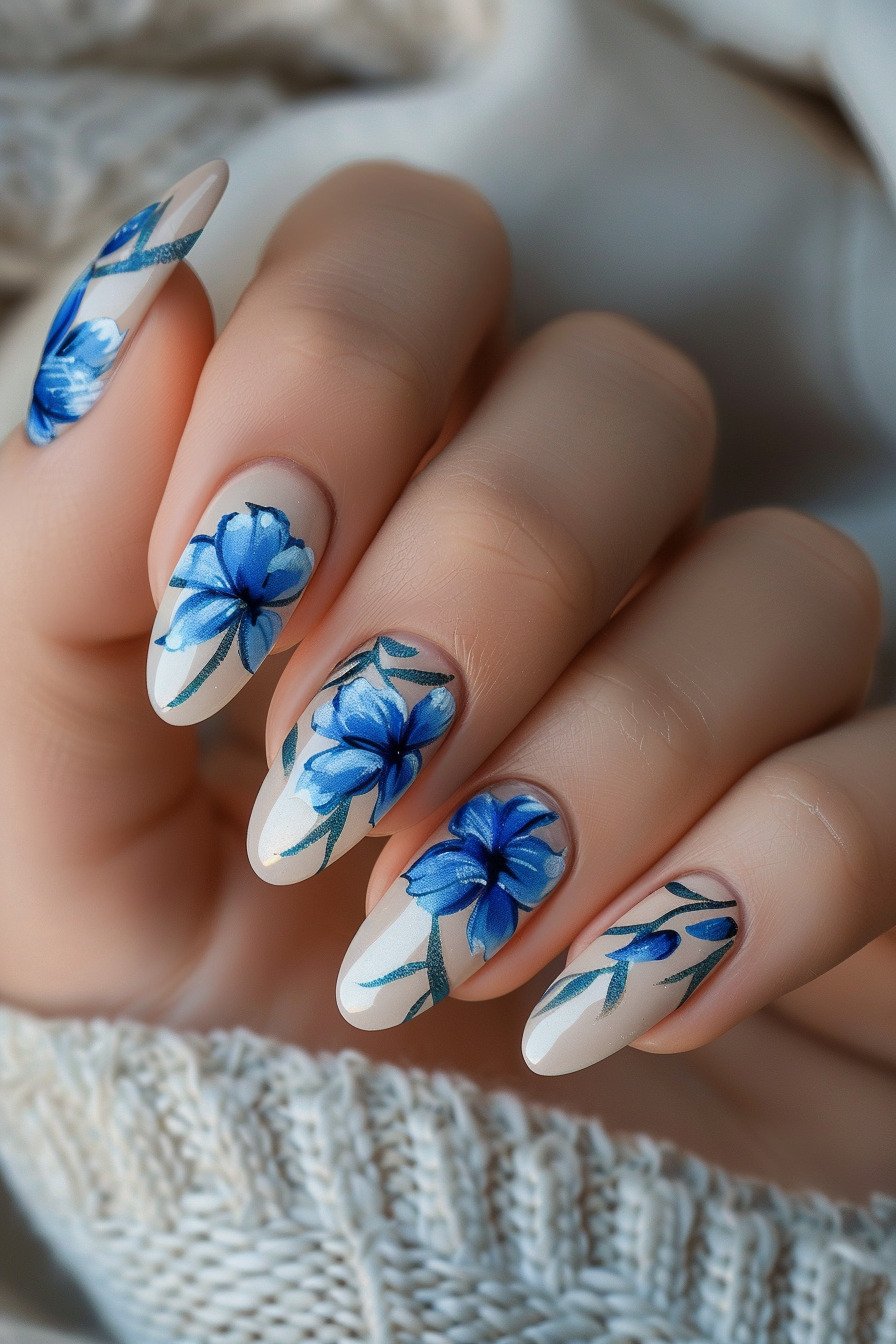 Blue Flower Almond Nail Design 10 (Blue Gentian Flower)
