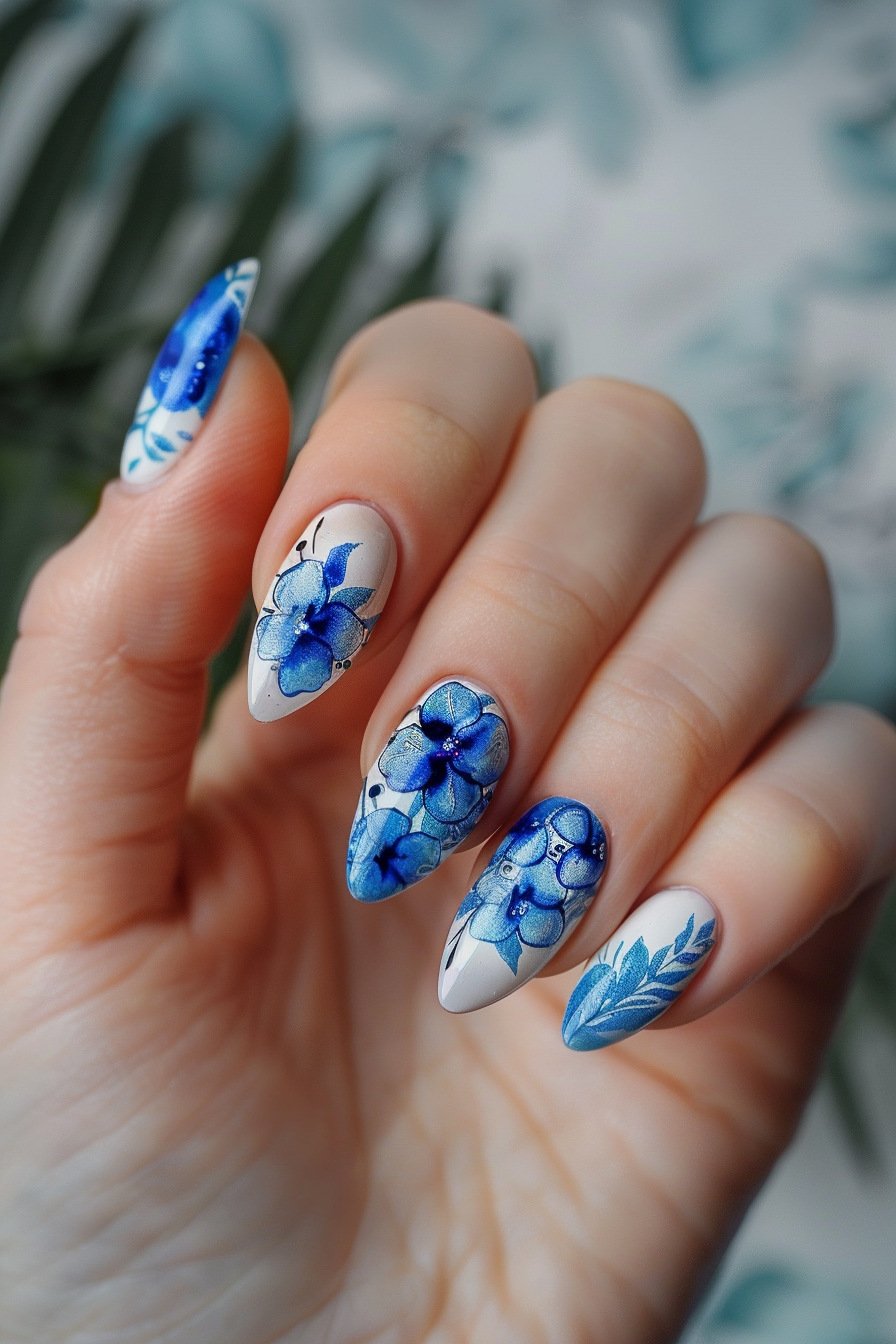 Blue Flower Almond Nail Design 2 (Blue Hydrangea Flower)