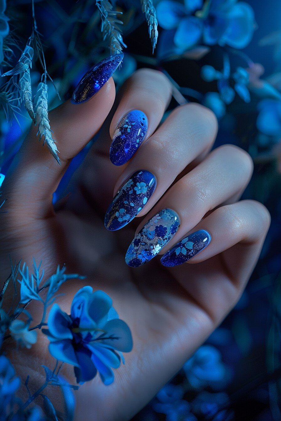 Blue Flower Almond Nail Design 3 (Blue Delphinium Flower)