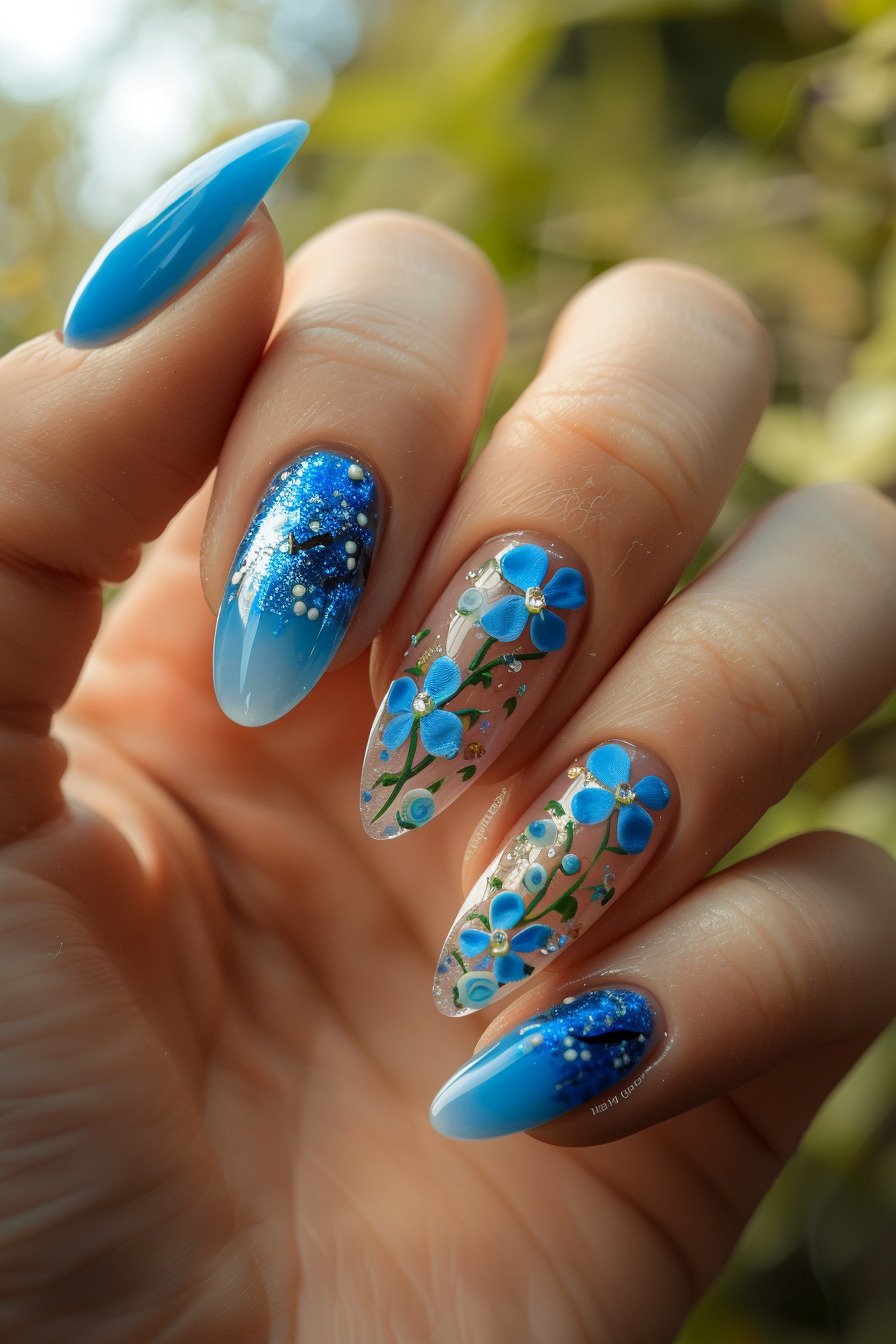 Blue Flower Almond Nail Design 5 (Blue Forget-Me-Not Flower)