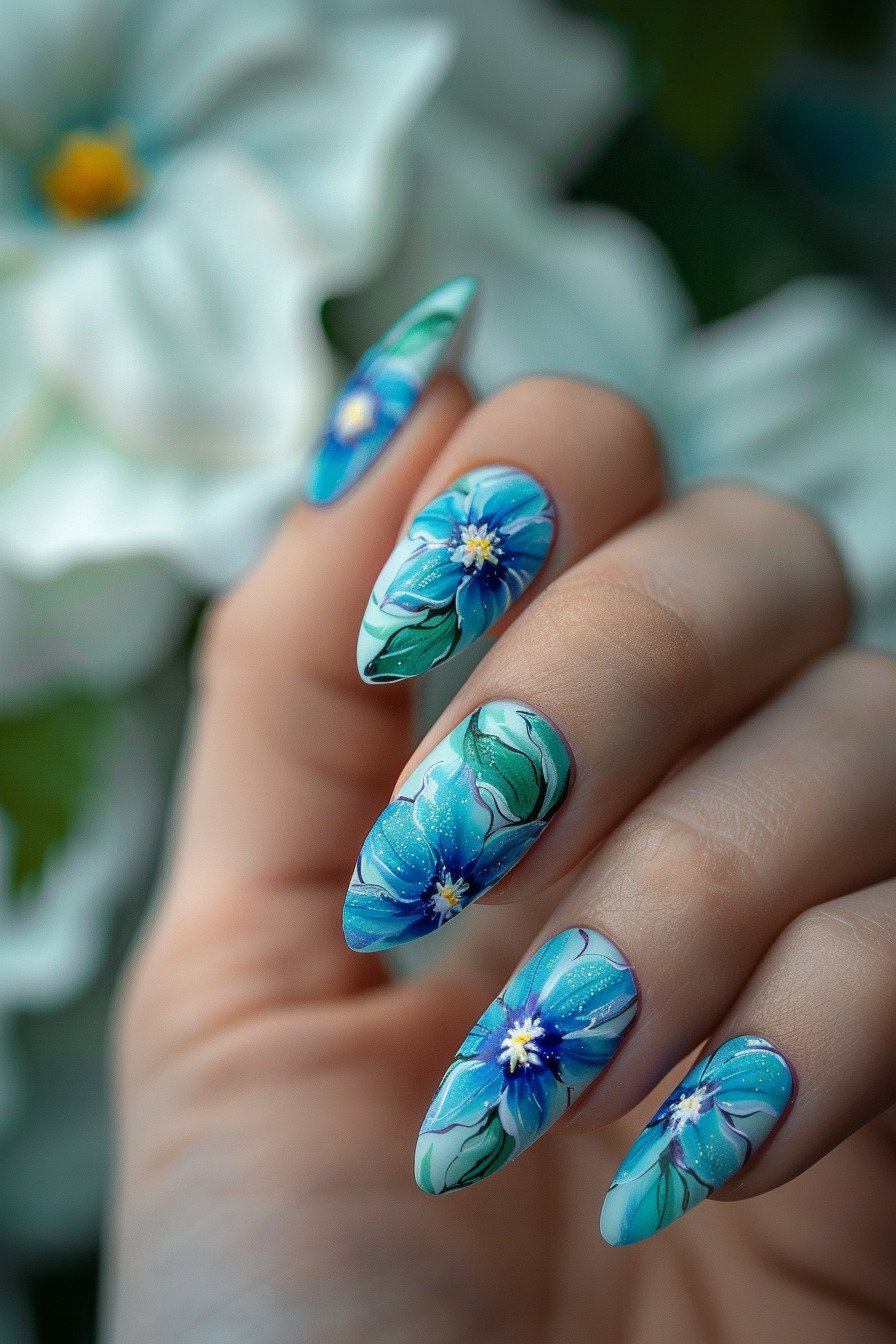 Blue Flower Almond Nail Design 6 (Blue Clematis Flower)