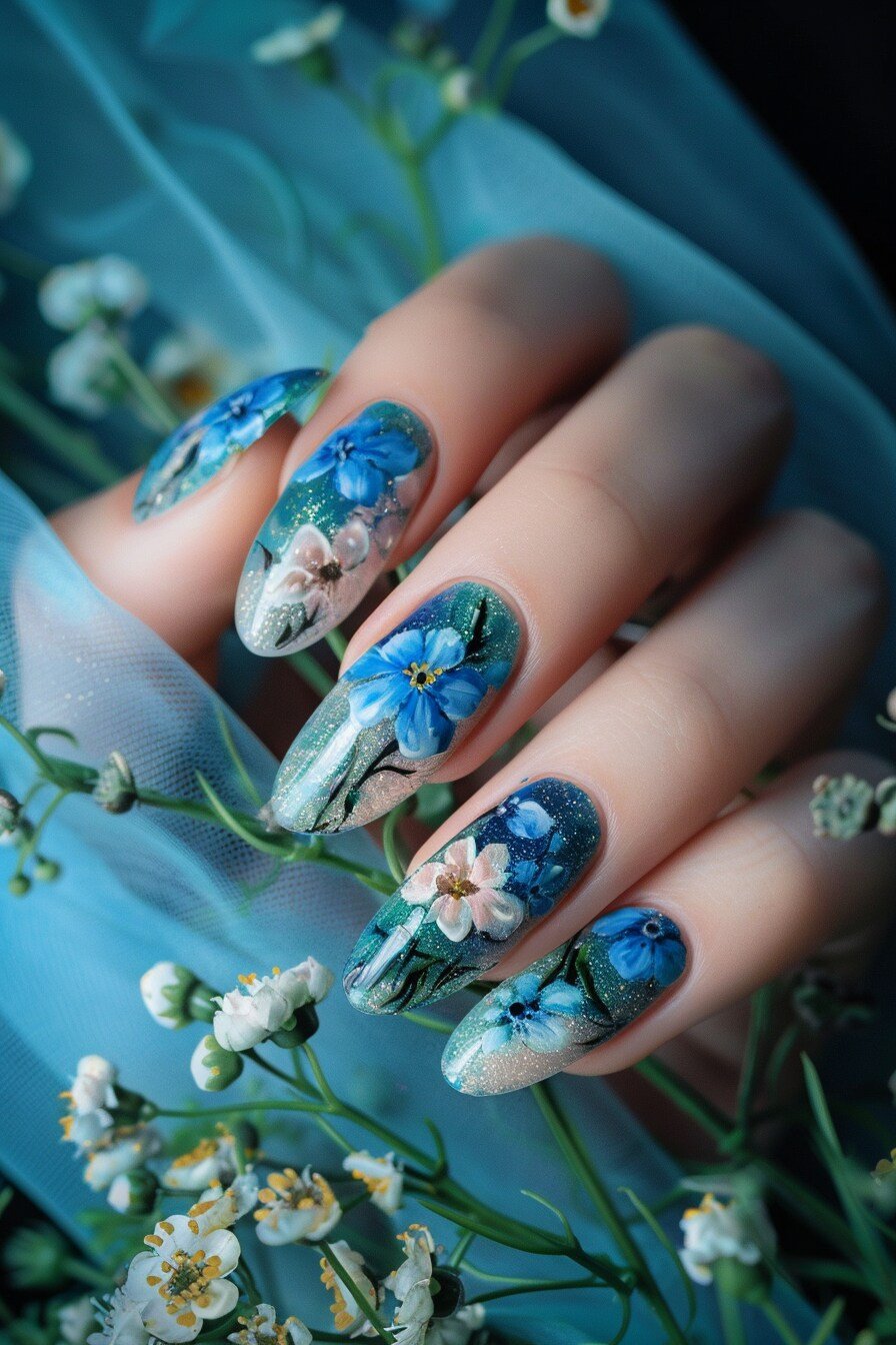 Blue Flower Almond Nail Design 7 (Blue Periwinkle Flower)