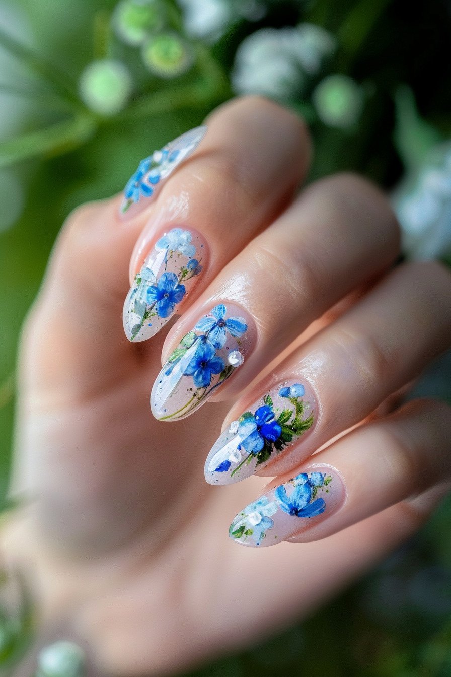 Blue Flower Almond Nail Design 8 (Blue Periwinkle Flower)