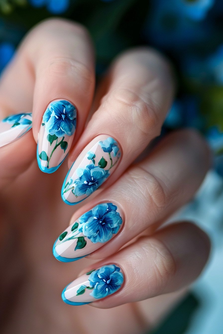 Blue Flower French Tip Nail Design 1 (Blue Hydrangea Flower)