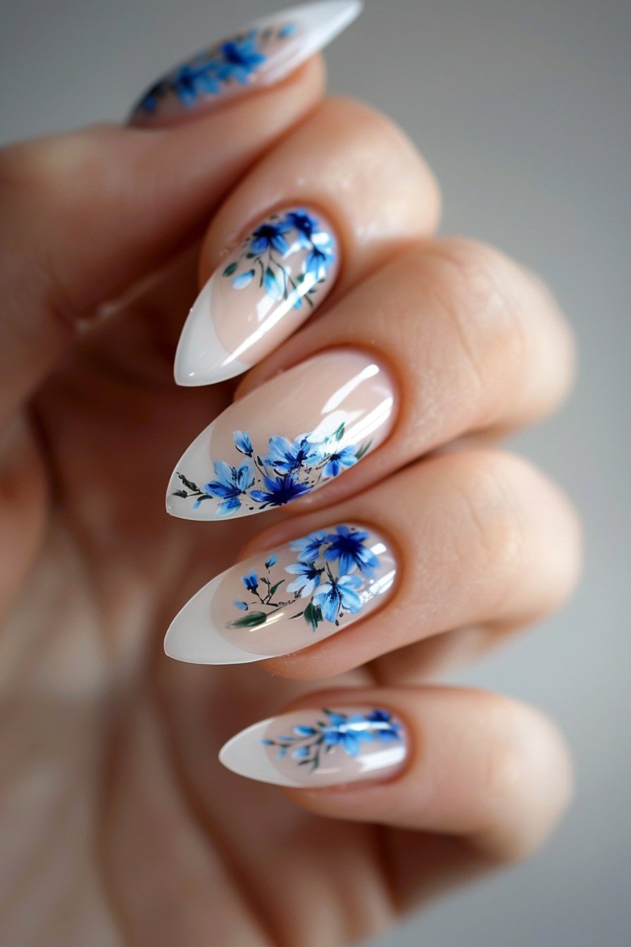Blue Flower French Tip Nail Design 2 (Blue Delphinium Flower)