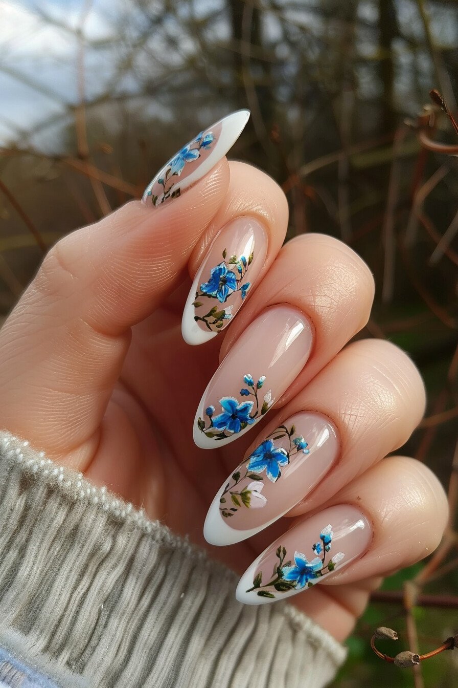 Blue Flower French Tip Nail Design 4 (Blue Flax Flower)