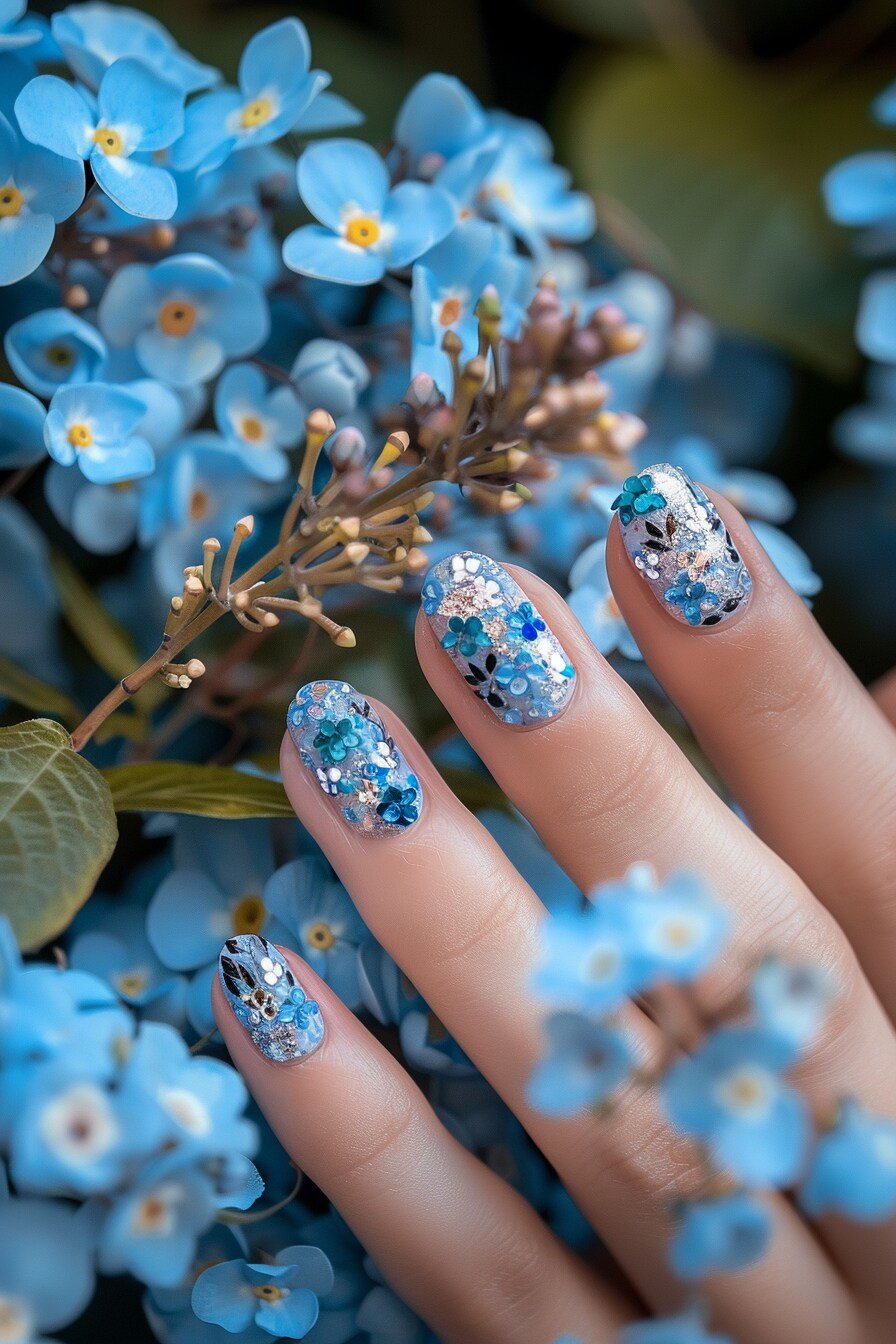 Blue Flower Short Nail Design 1 (Blue Hydrangea Flower)