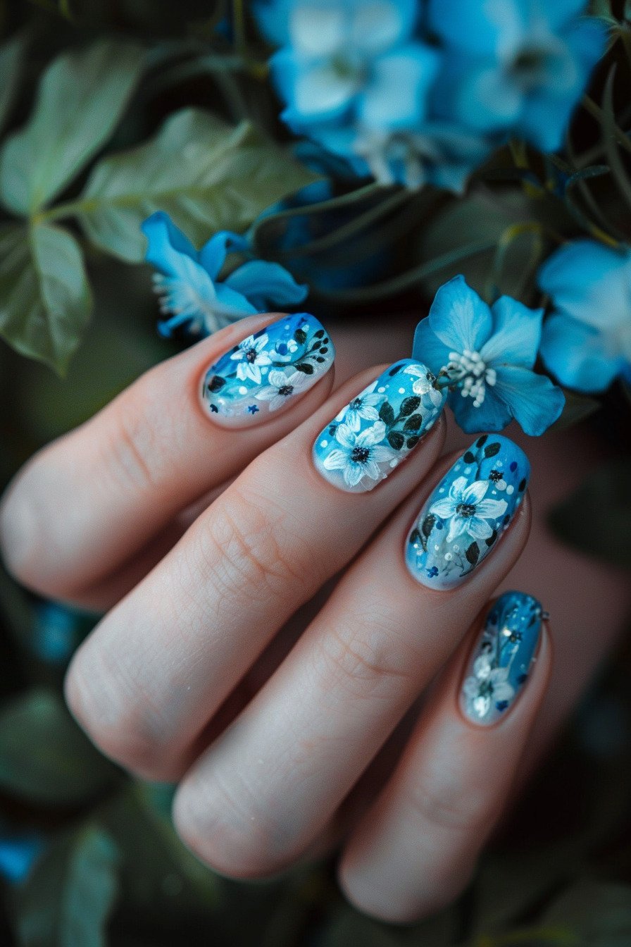 Blue Flower Short Nail Design 3 (Georgia Blue Veronica Flower)