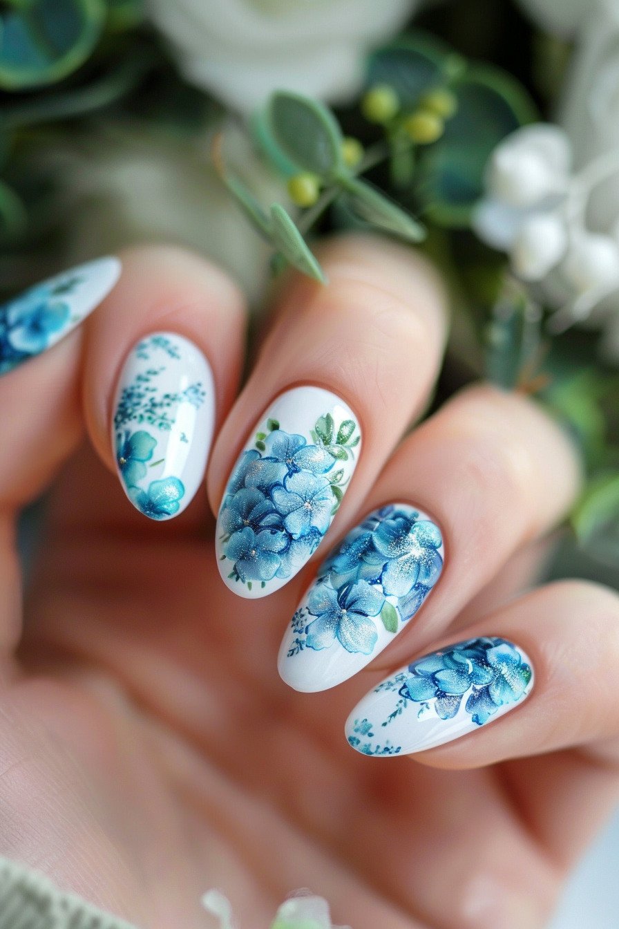 Blue Flower Short Nail Design 8 (Blue Hydrangea Flower)