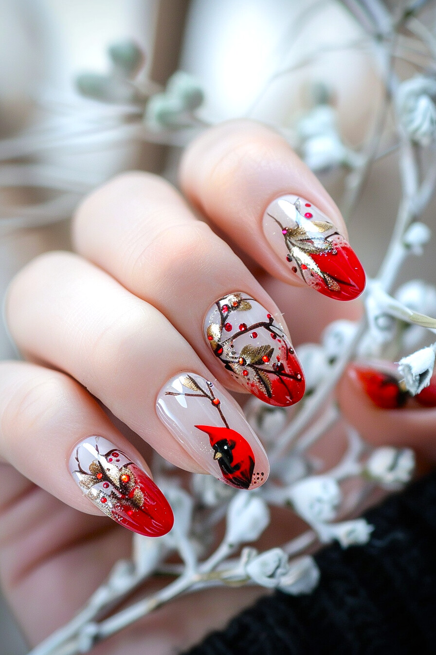 Cardinal Bird Nail Art Idea 1