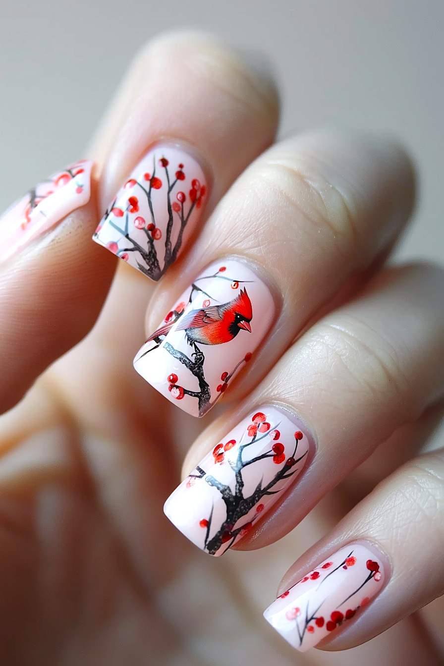 Cardinal Bird Nail Art Idea 10