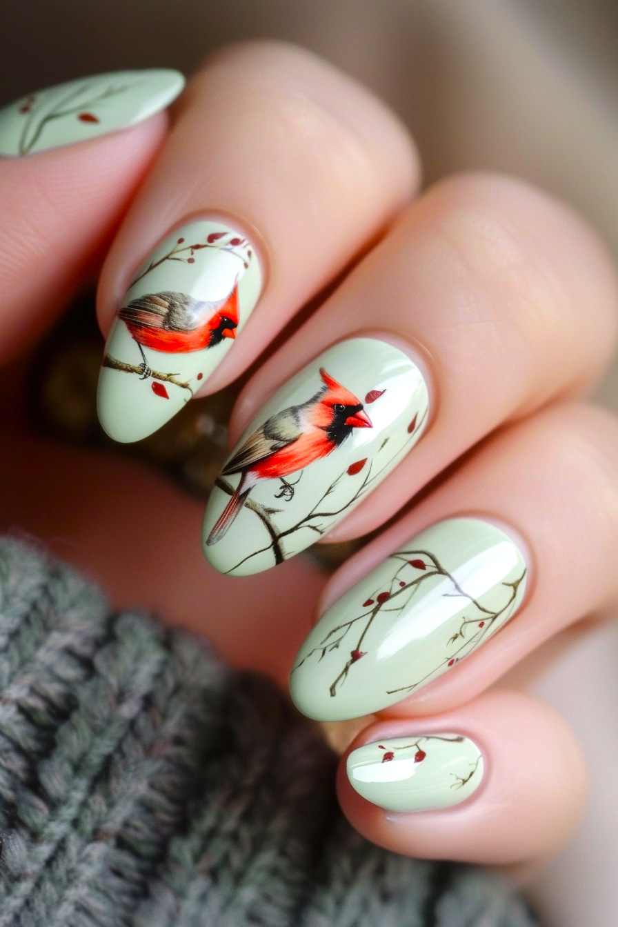 Cardinal Bird Nail Art Idea 11