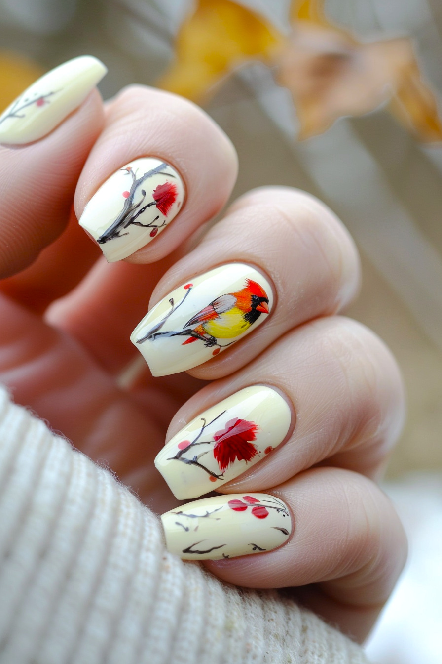 Cardinal Bird Nail Art Idea 12