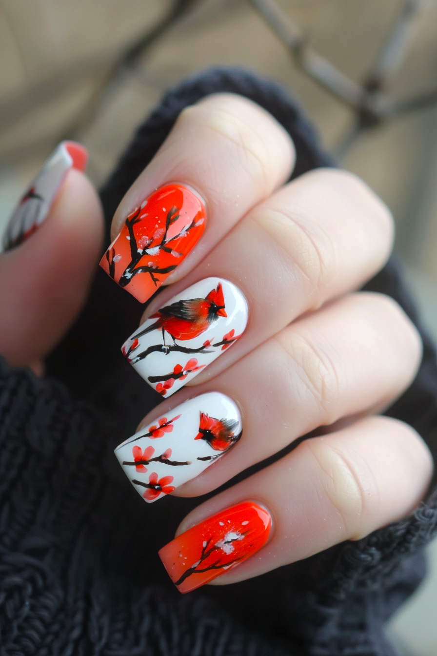 Cardinal Bird Nail Art Idea 15