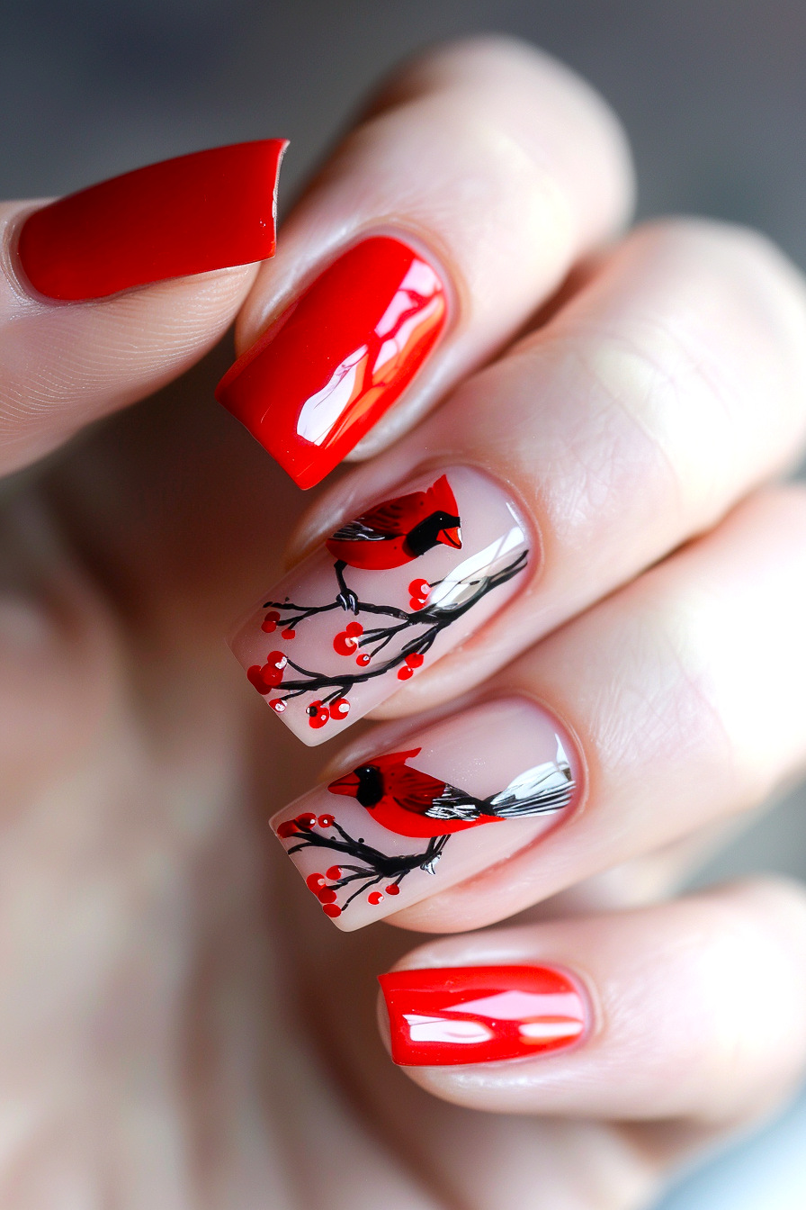 Cardinal Bird Nail Art Idea 2