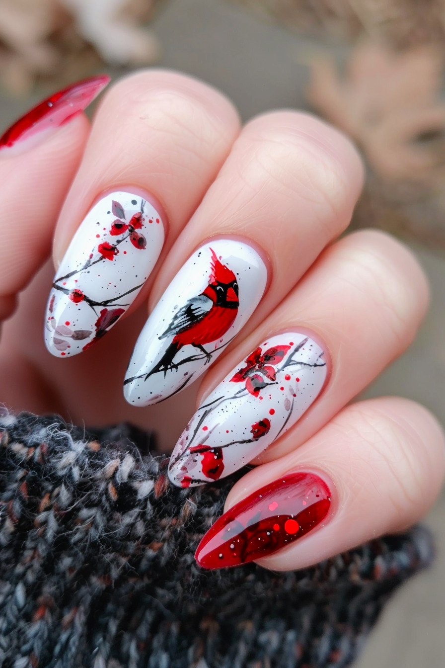 Cardinal Bird Nail Art Idea 3