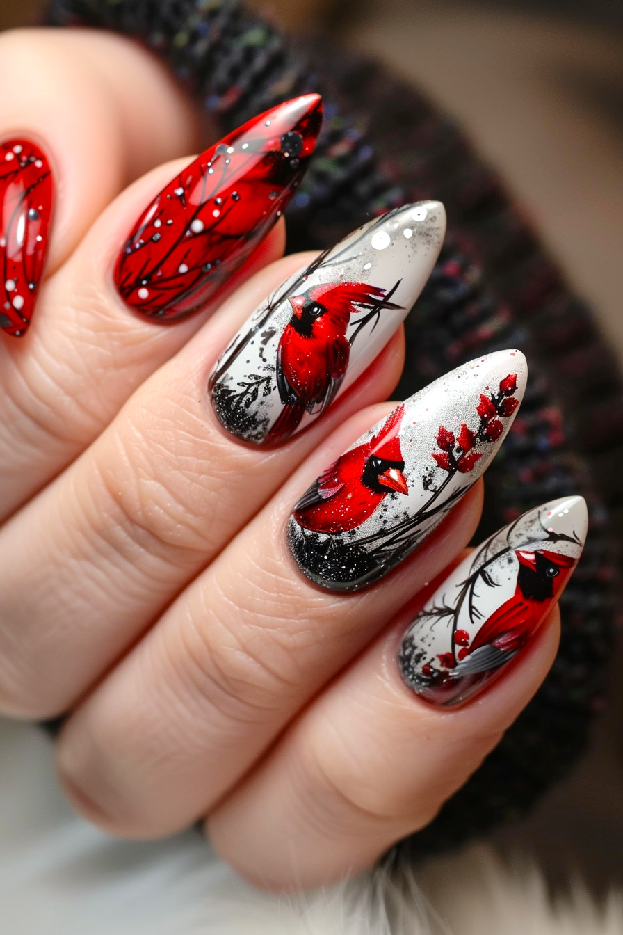 Cardinal Bird Nail Art Idea 4