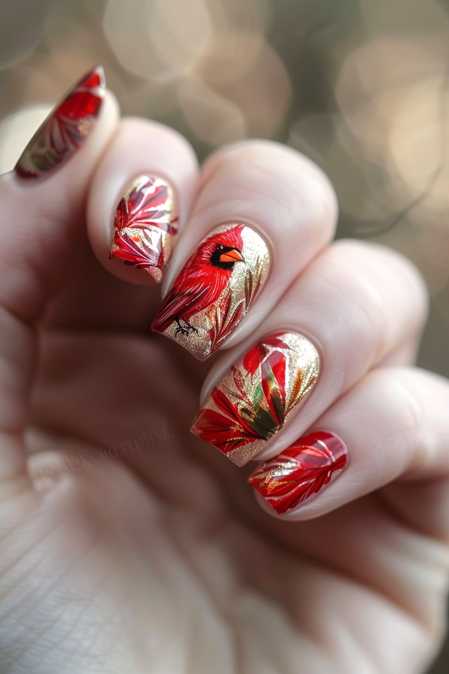 Cardinal Bird Nail Art Idea 6