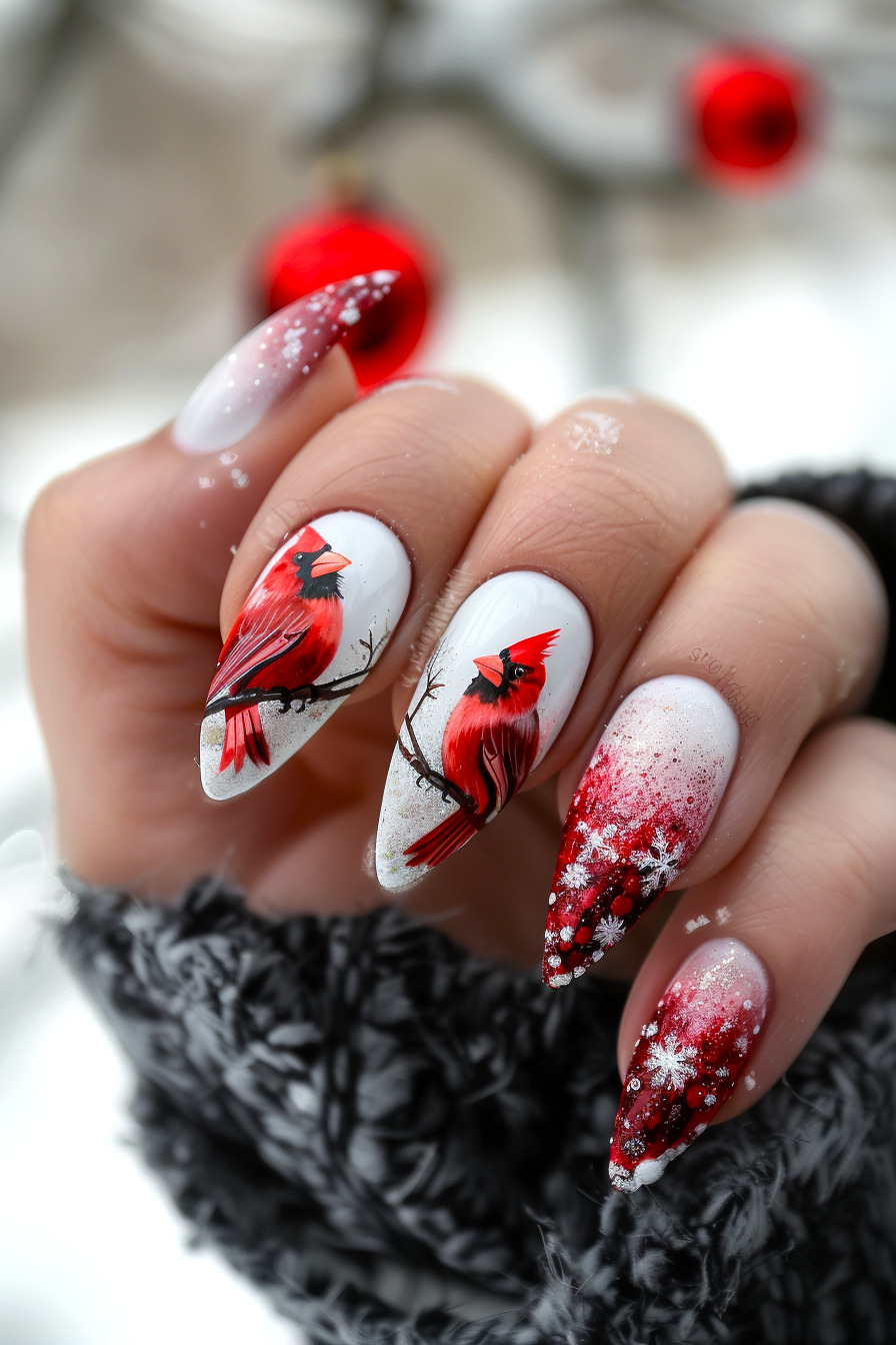 Cardinal Bird Nail Art Idea 7