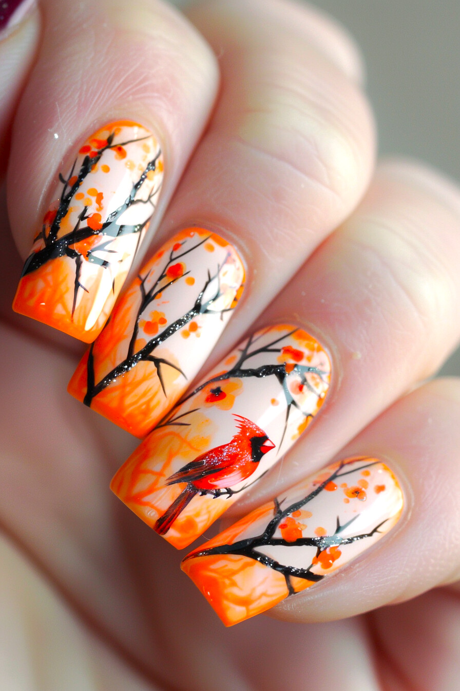 Cardinal Bird Nail Art Idea 8