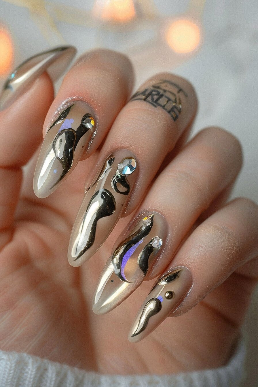 Chrome Nail With 3D Nail Art Design 2 (Silver)