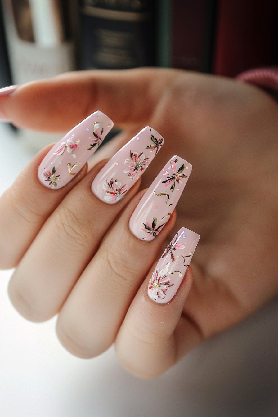 Coffin Nails Featuring Pink Floral Art 2