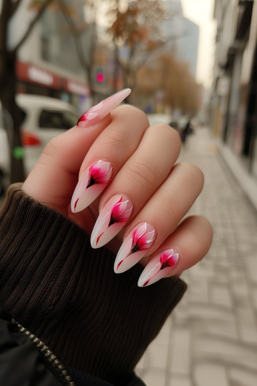 Flowery Pink Almond Nails 1