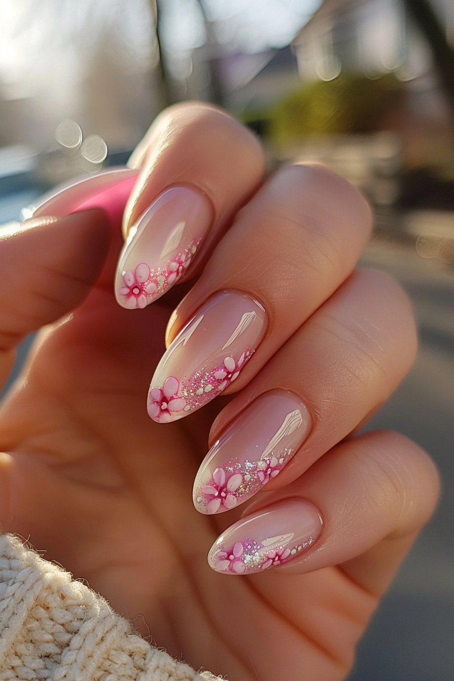 Flowery Pink Almond Nails 2