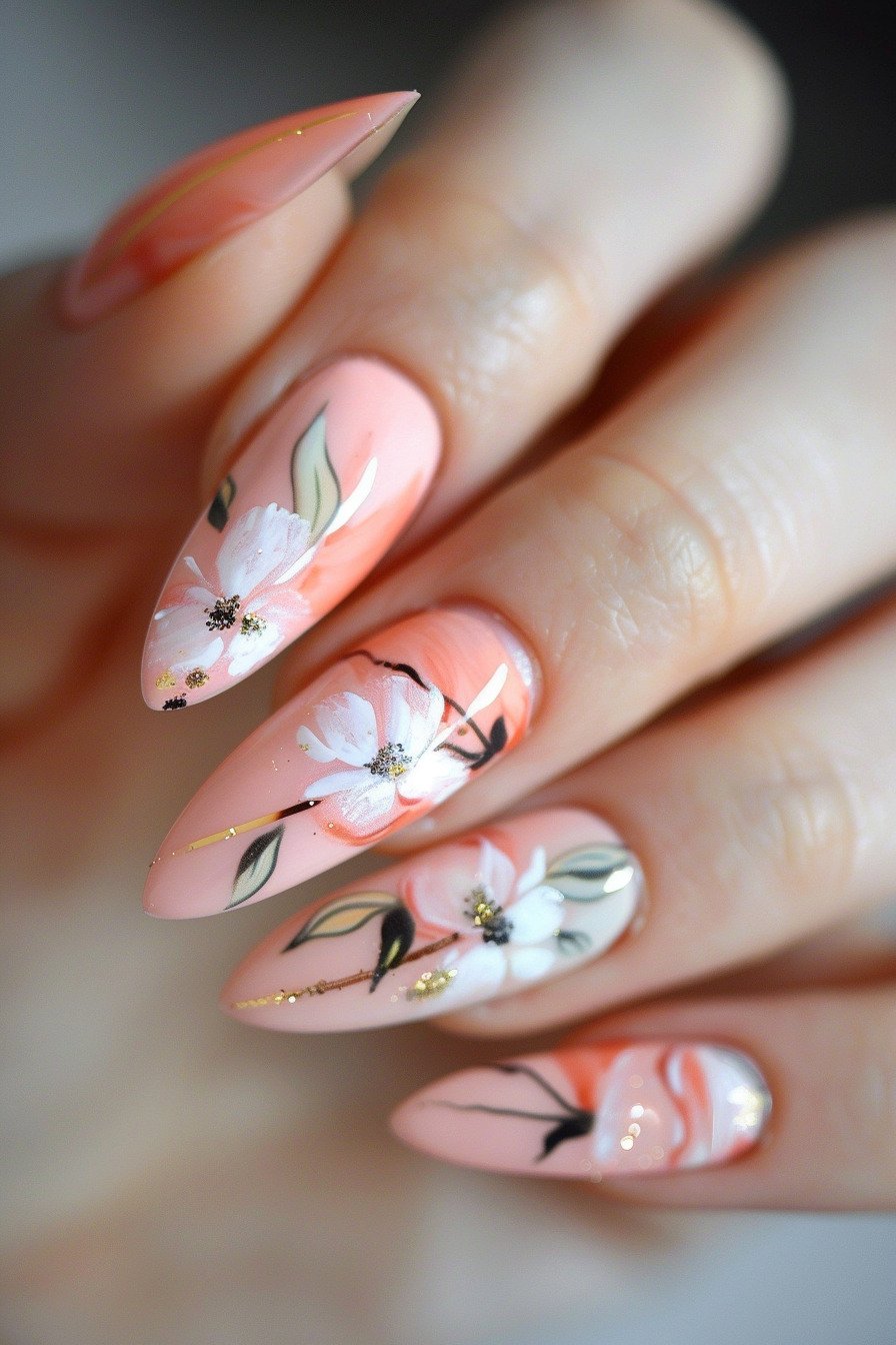 Flowery Pink Almond Nails 3