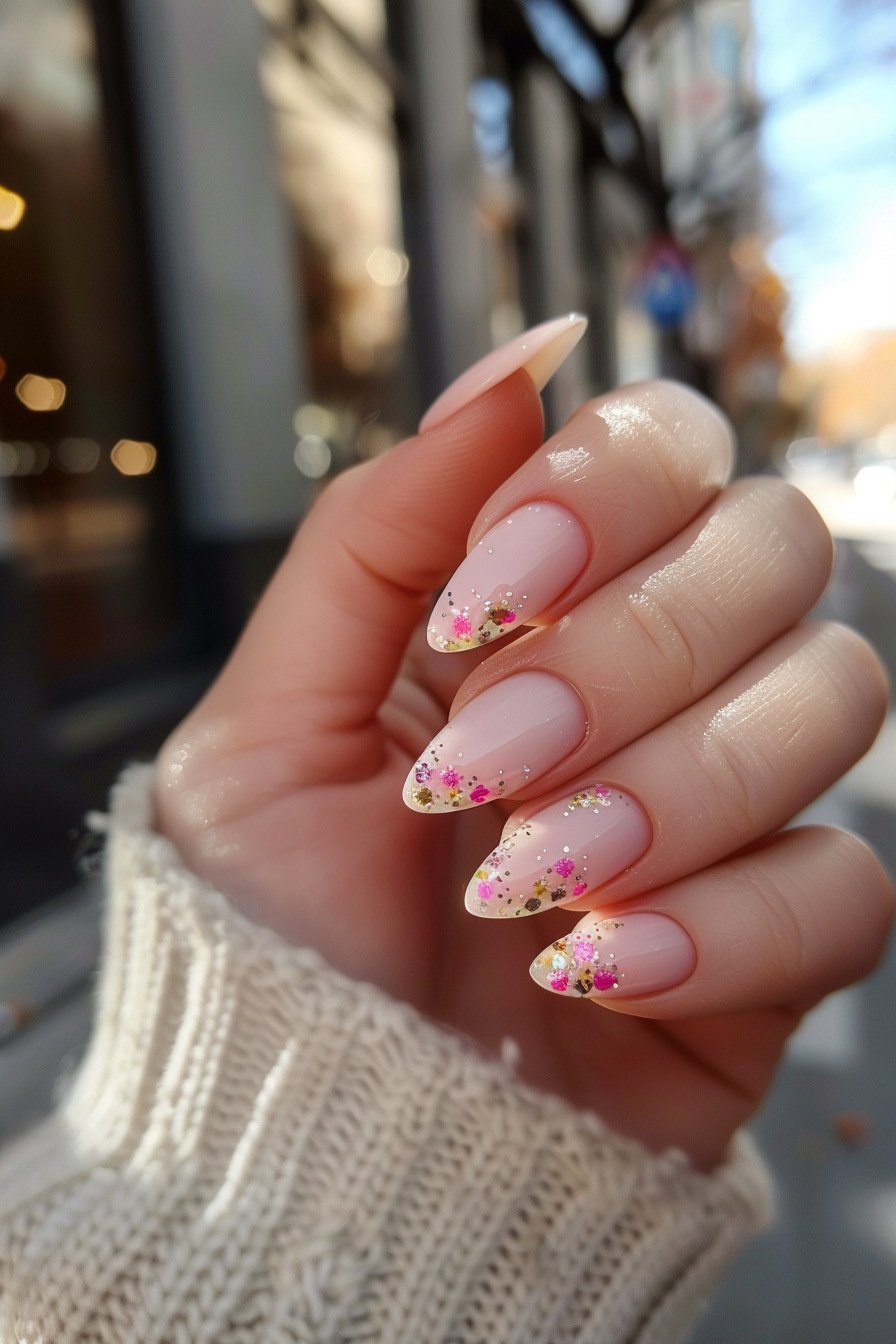 Flowery Pink Almond Nails 4