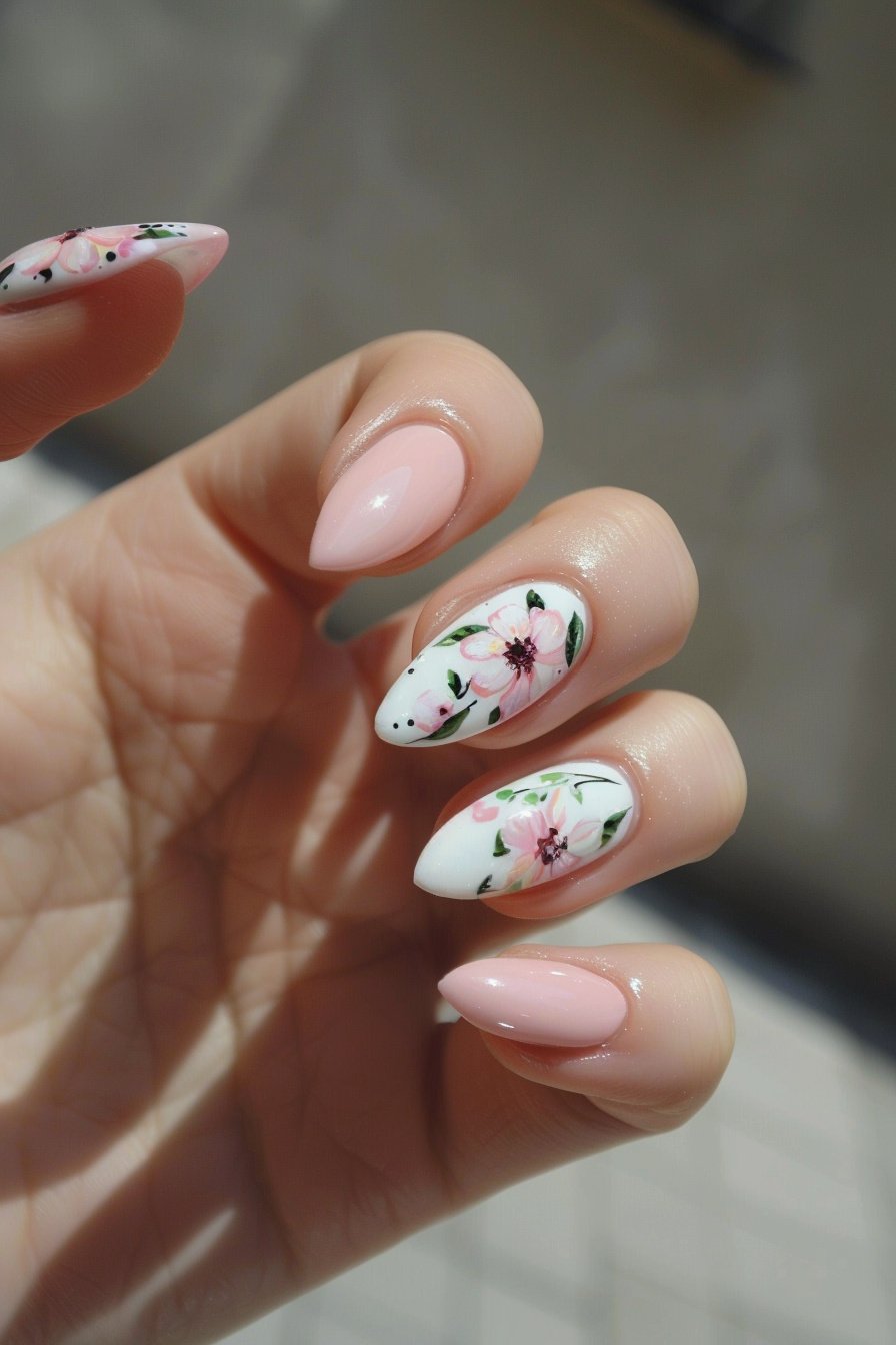 Flowery Pink Almond Nails 5