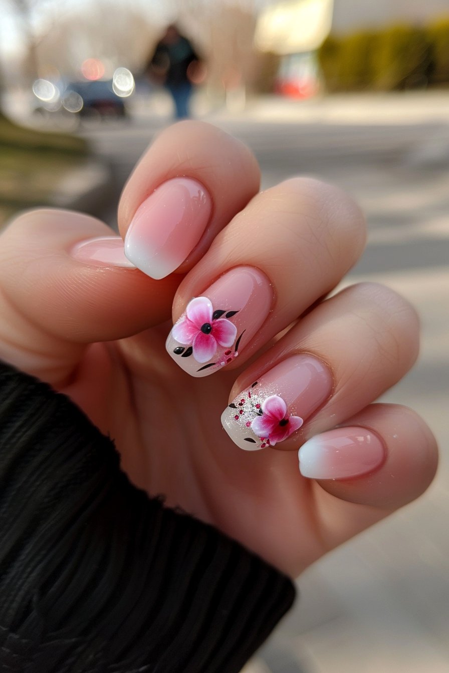 French Tips with a Pink Flower Twist 1