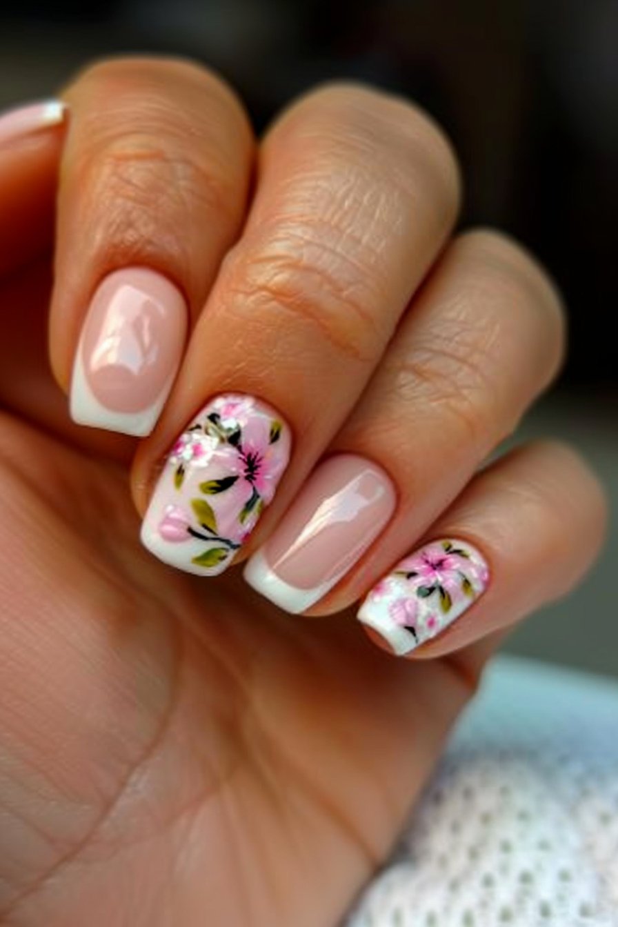 French Tips with a Pink Flower Twist 2