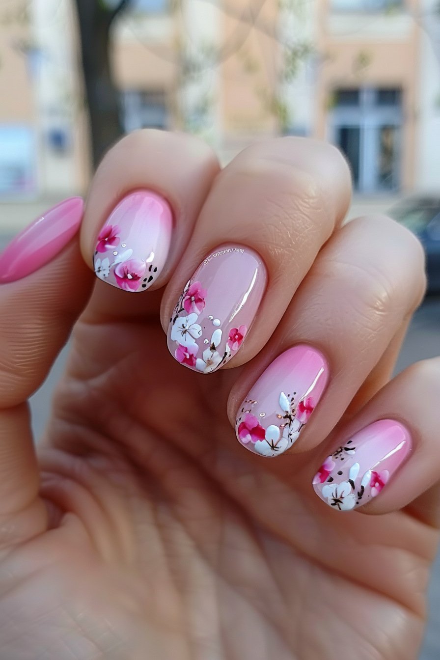 French Tips with a Pink Flower Twist 5