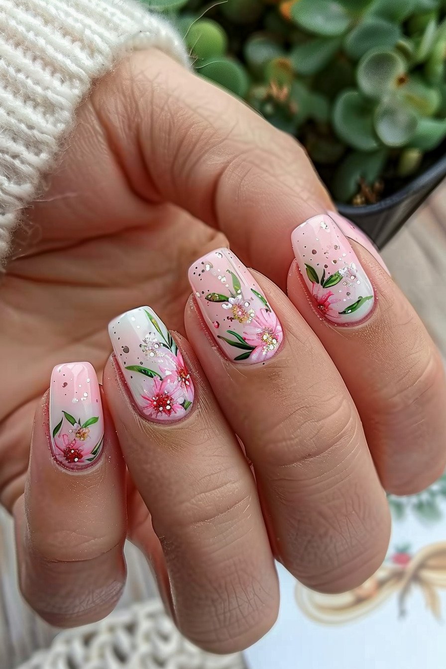 Short Nails with Pink Blooms 3