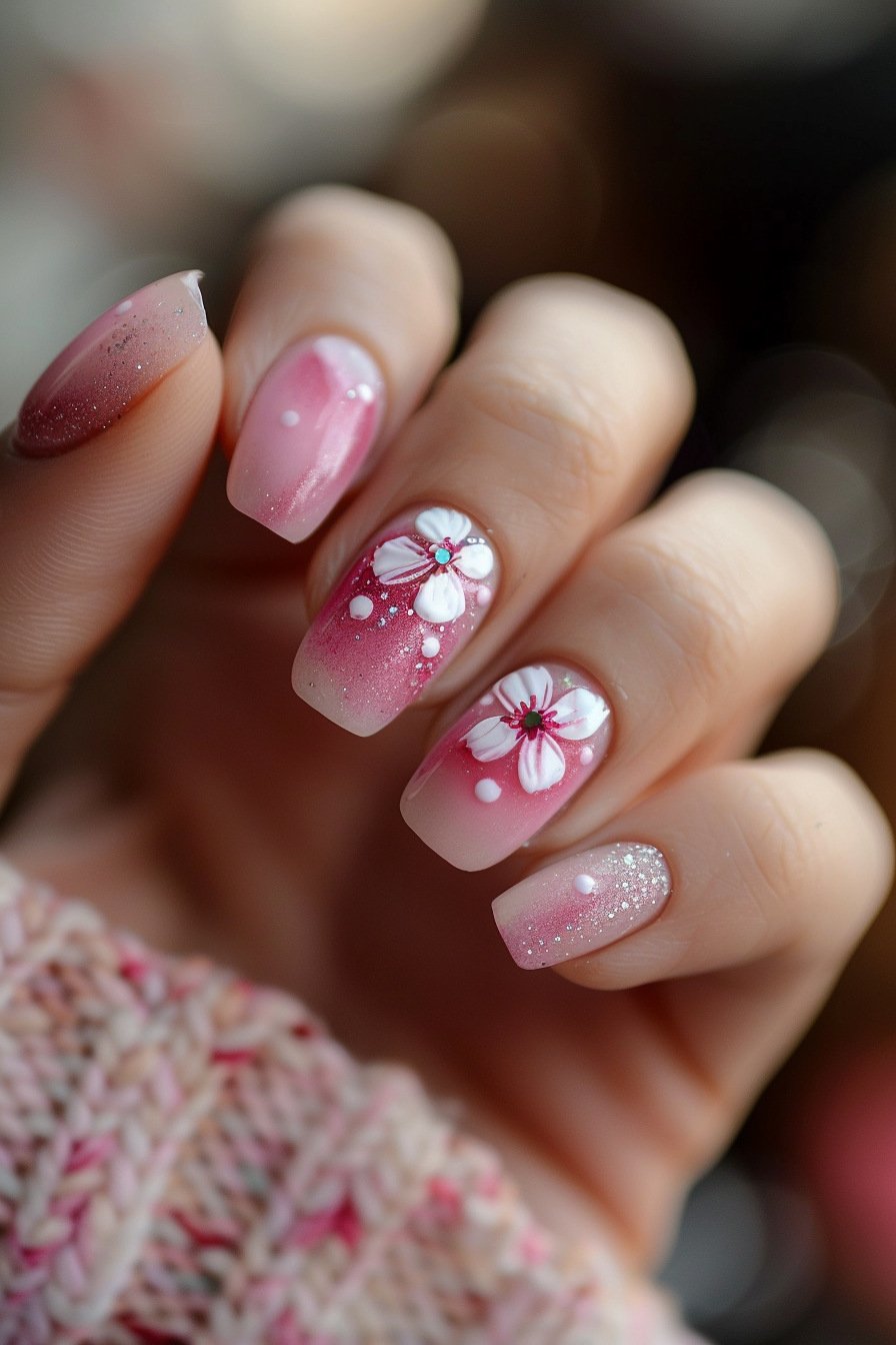 Short Nails with Pink Blooms 4