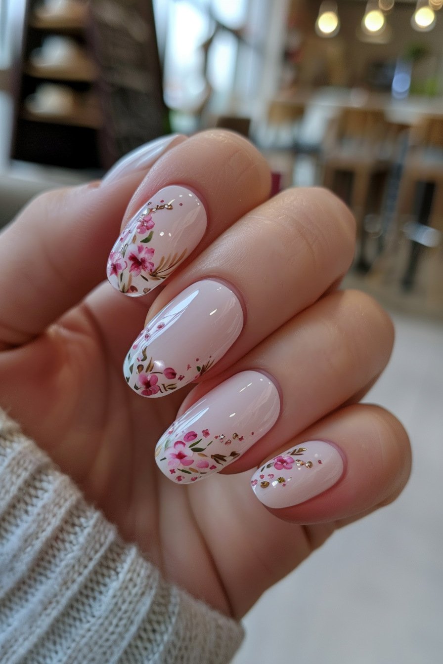 Short Nails with Pink Blooms 5