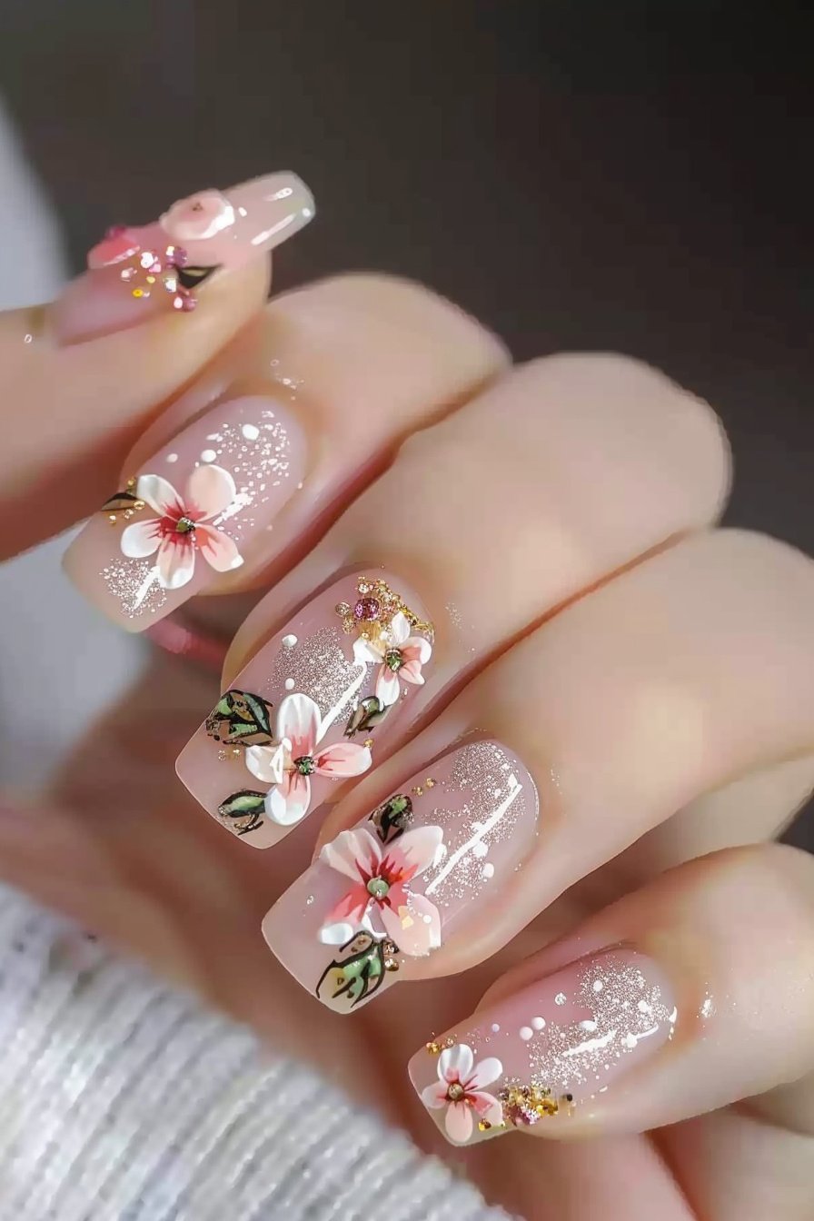 Square Nails with Pink Floral Accents 1