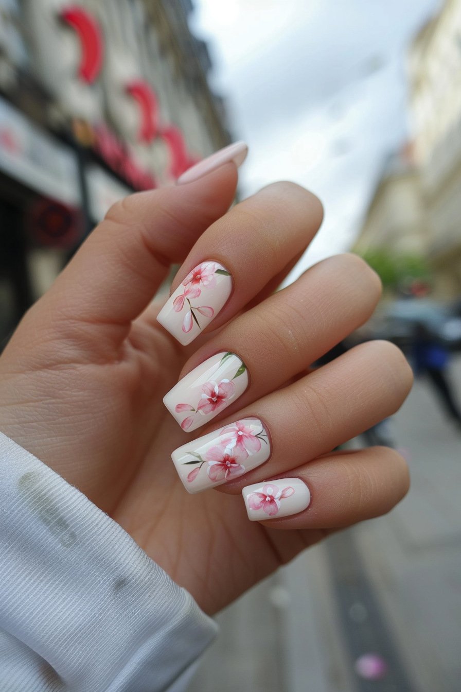 Square Nails with Pink Floral Accents 2