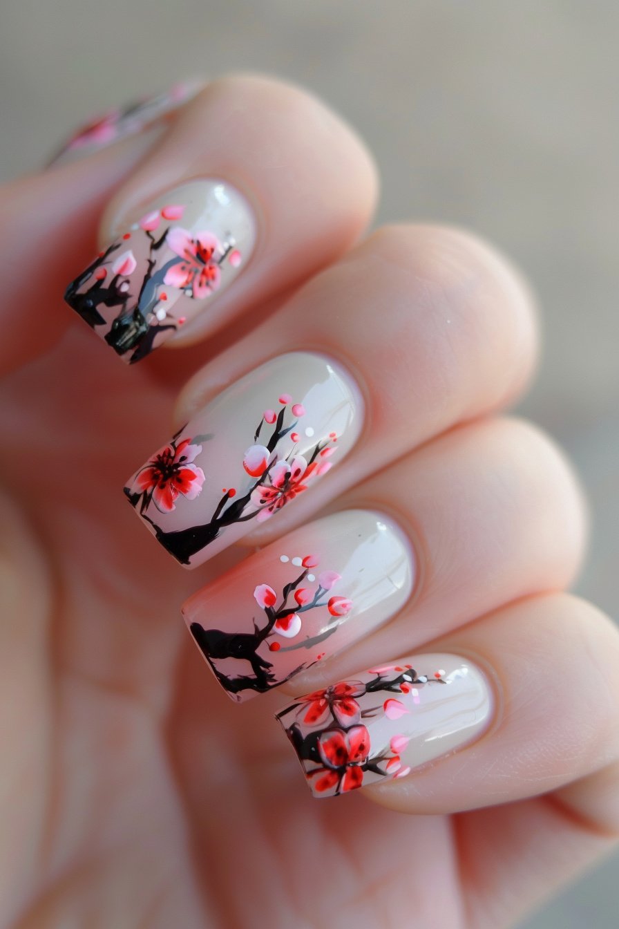 Square Nails with Pink Floral Accents 4