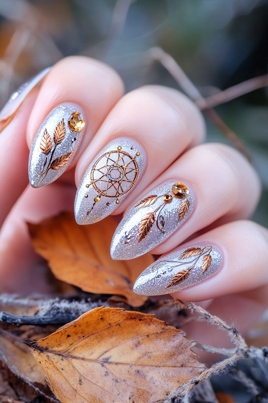 Dreamcatcher Nail Art Design 11 (Glitter - Gold & Silver)